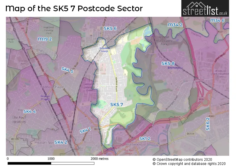 Map of the SK5 7 and surrounding postcode sector