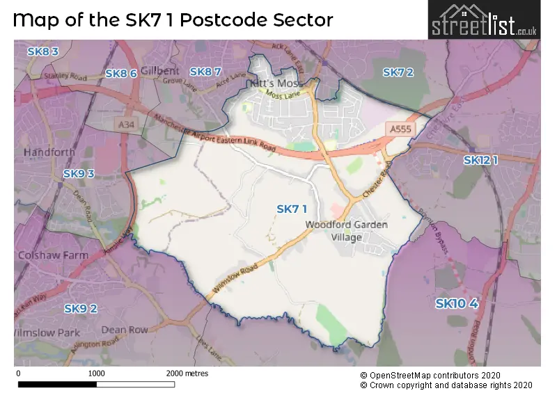 Map of the SK7 1 and surrounding postcode sector