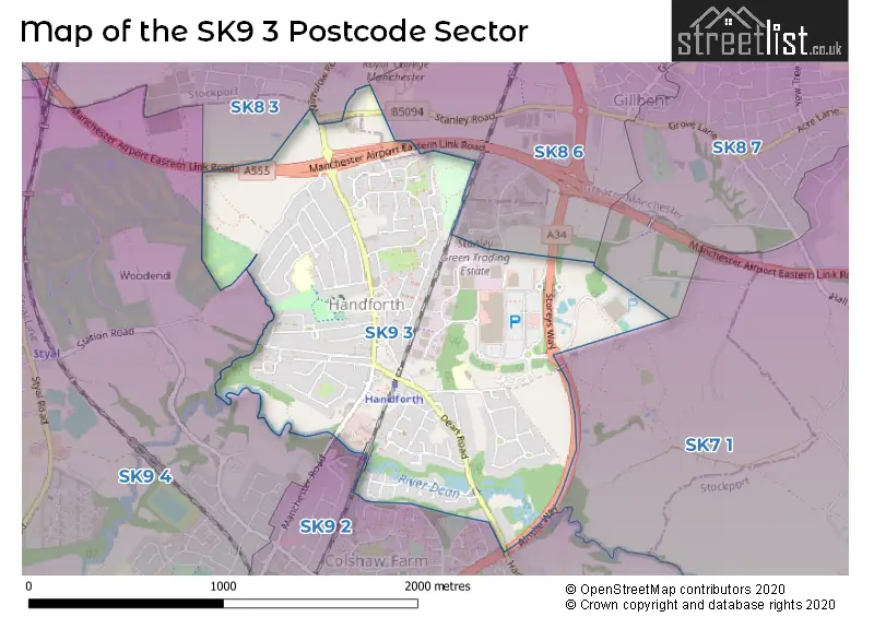 Map of the SK9 3 and surrounding postcode sector