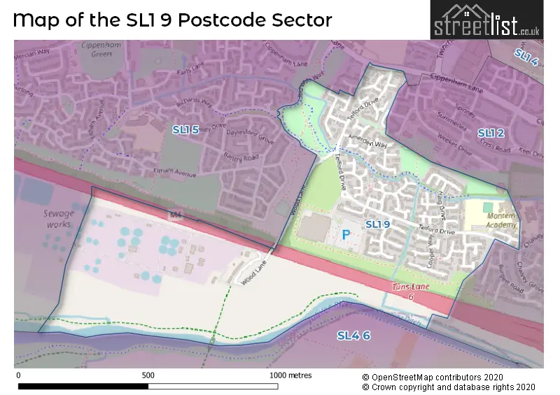Map of the SL1 9 and surrounding postcode sector