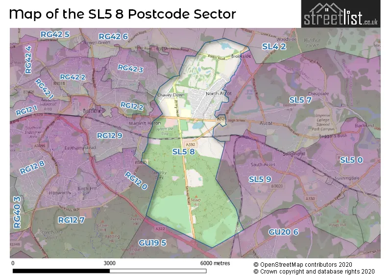 Map of the SL5 8 and surrounding postcode sector