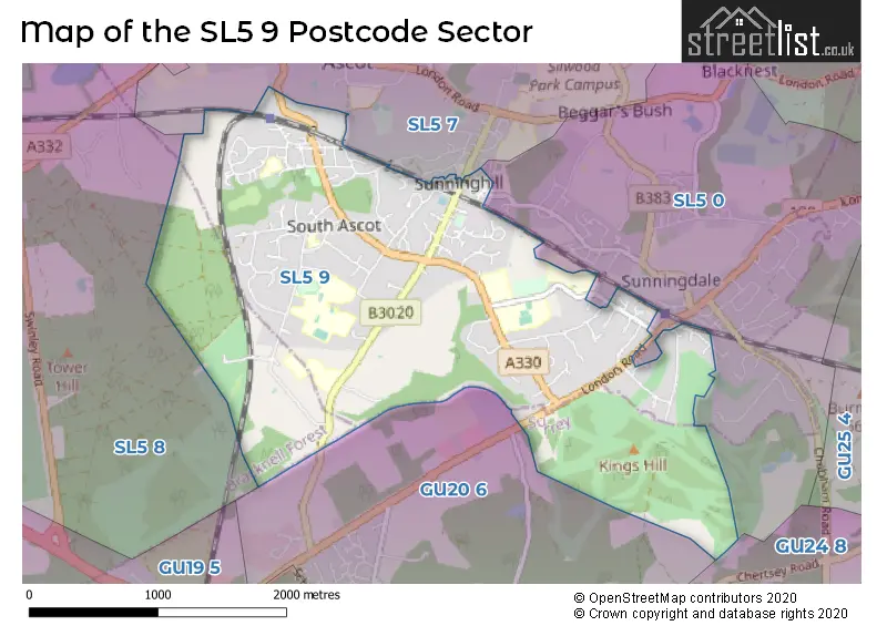 Map of the SL5 9 and surrounding postcode sector