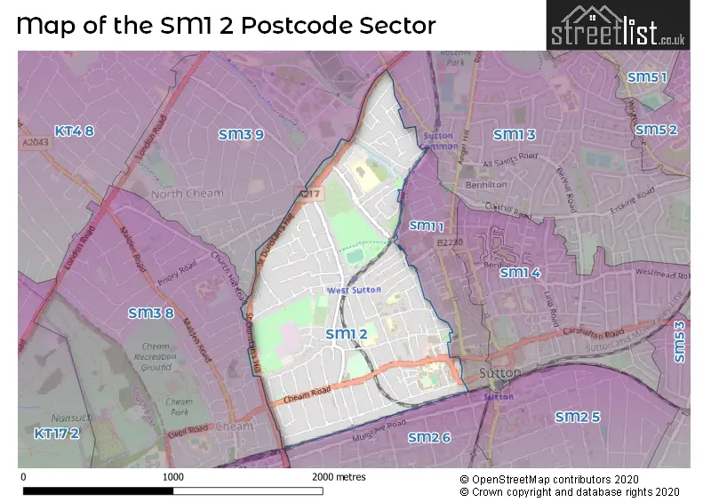 Map of the SM1 2 and surrounding postcode sector
