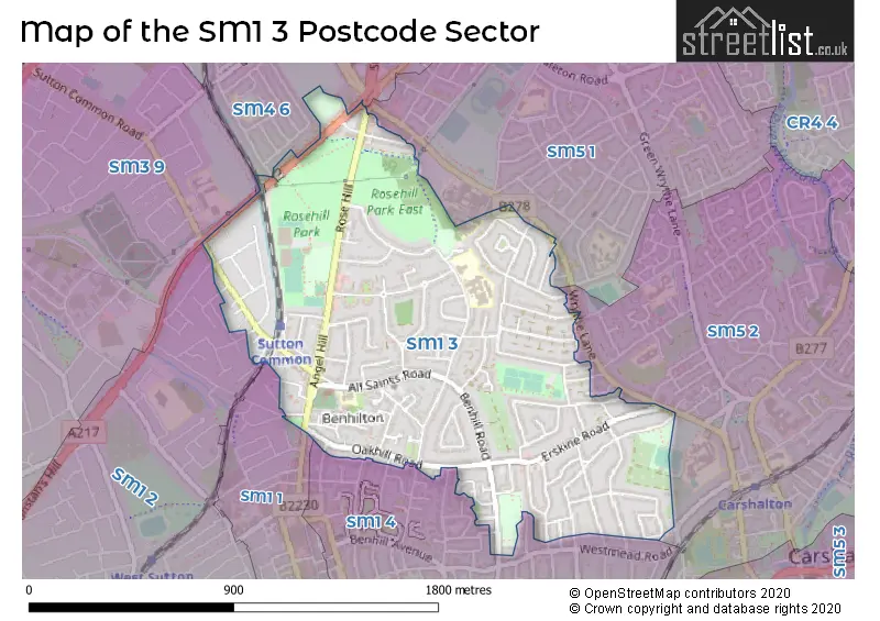 Map of the SM1 3 and surrounding postcode sector
