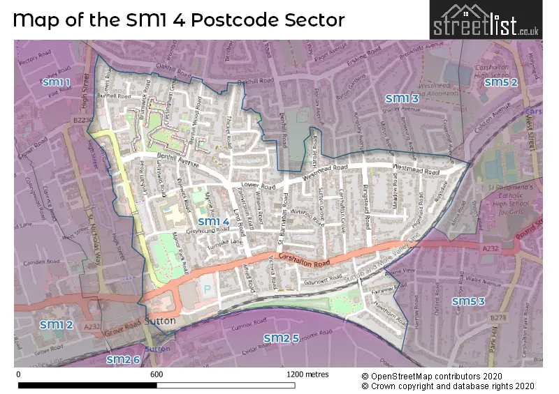 Map of the SM1 4 and surrounding postcode sector