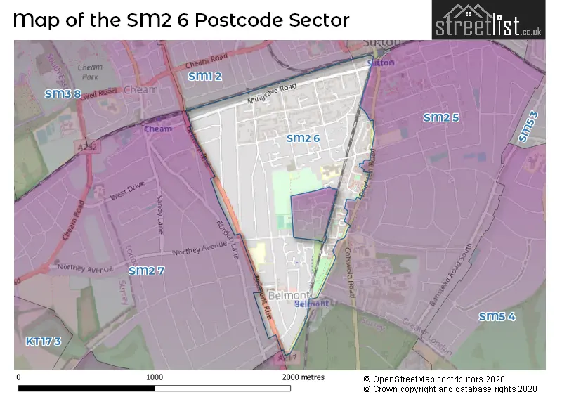 Map of the SM2 6 and surrounding postcode sector