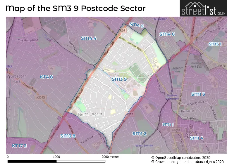 Map of the SM3 9 and surrounding postcode sector