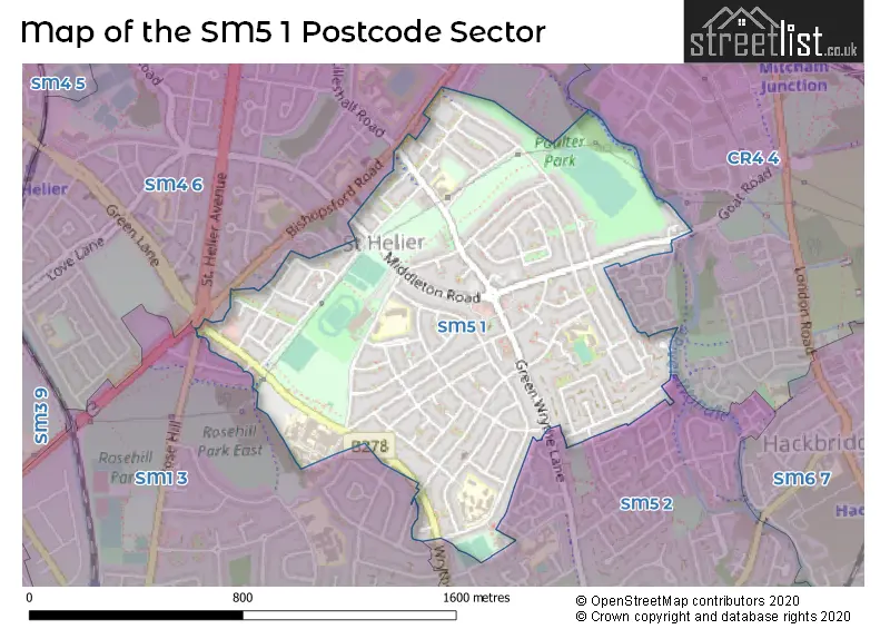 Map of the SM5 1 and surrounding postcode sector