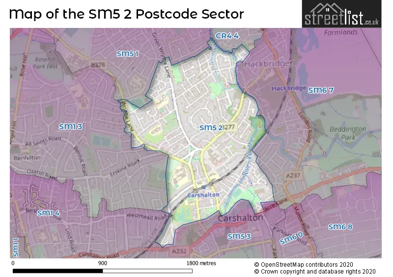 Map of the SM5 2 and surrounding postcode sector