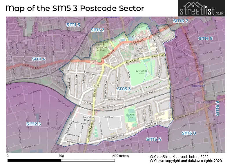 Map of the SM5 3 and surrounding postcode sector