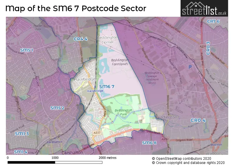 Map of the SM6 7 and surrounding postcode sector