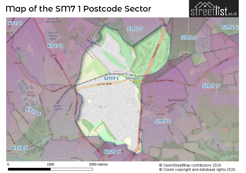 Map of the SM7 1 and surrounding postcode sector