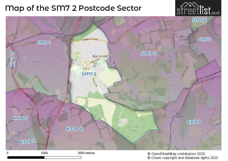 Map of the SM7 2 and surrounding postcode sector