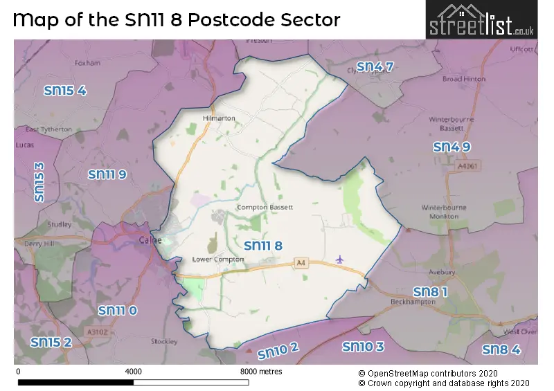 Map of the SN11 8 and surrounding postcode sector