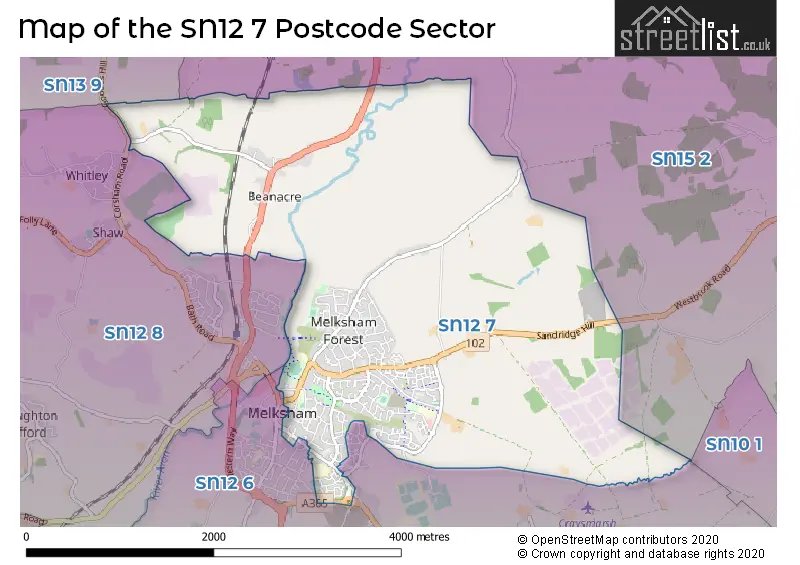 Map of the SN12 7 and surrounding postcode sector