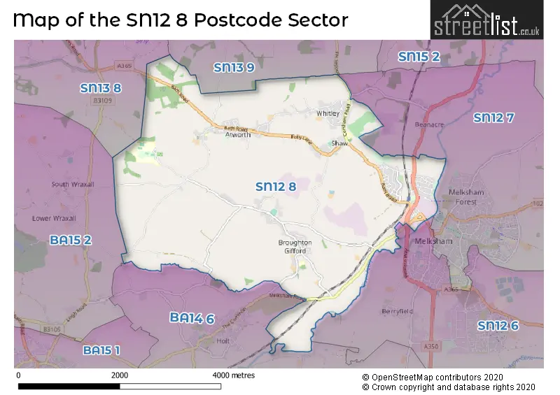 Map of the SN12 8 and surrounding postcode sector