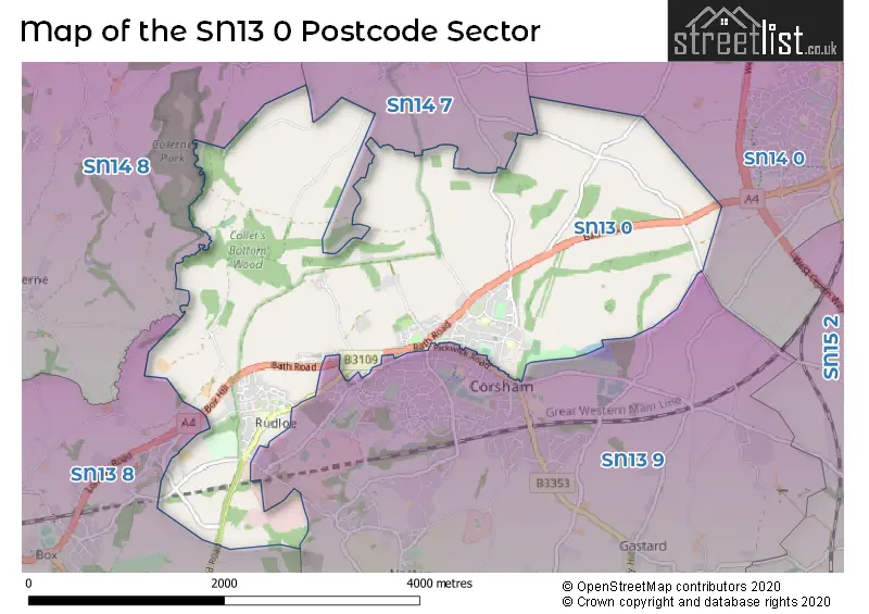 Map of the SN13 0 and surrounding postcode sector