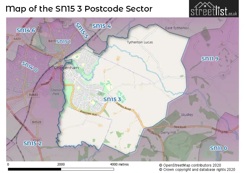 Map of the SN15 3 and surrounding postcode sector