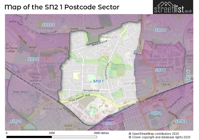 Map of the SN2 1 and surrounding postcode sector