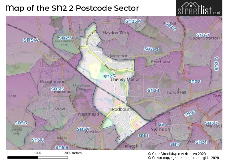 Map of the SN2 2 and surrounding postcode sector