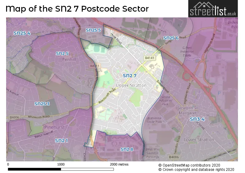 Map of the SN2 7 and surrounding postcode sector
