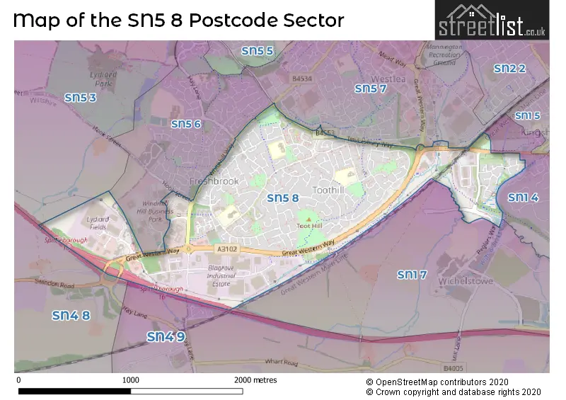 Map of the SN5 8 and surrounding postcode sector