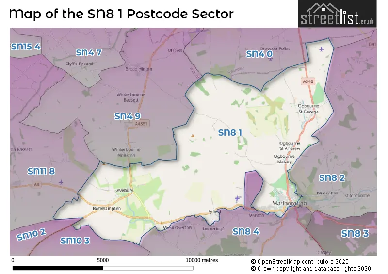 Map of the SN8 1 and surrounding postcode sector
