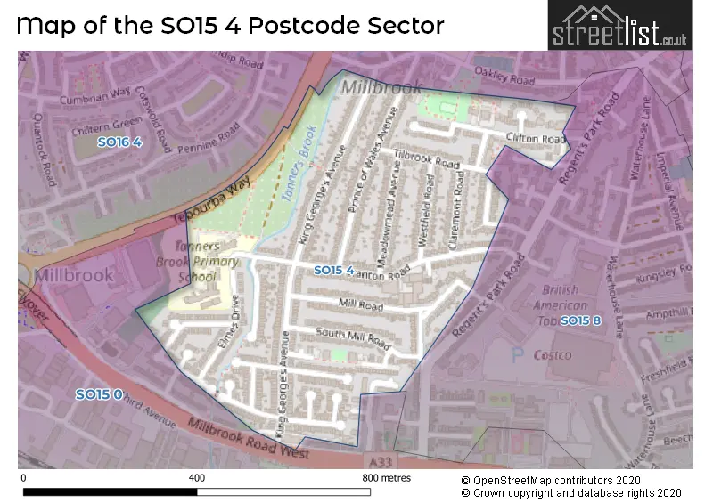 Map of the SO15 4 and surrounding postcode sector