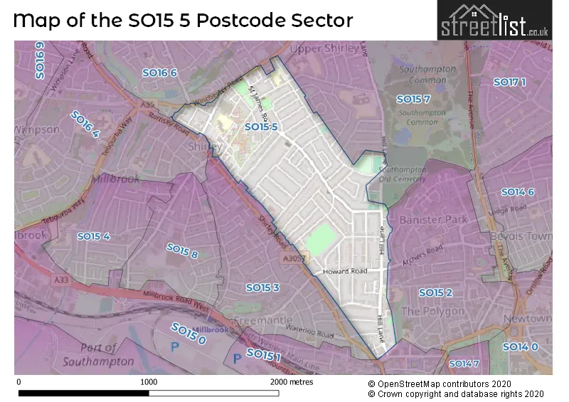 Map of the SO15 5 and surrounding postcode sector