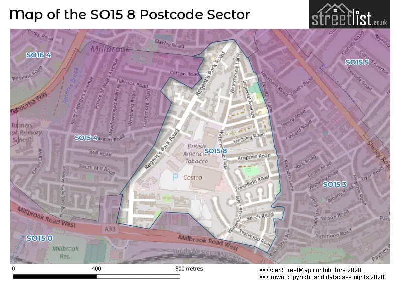 Map of the SO15 8 and surrounding postcode sector