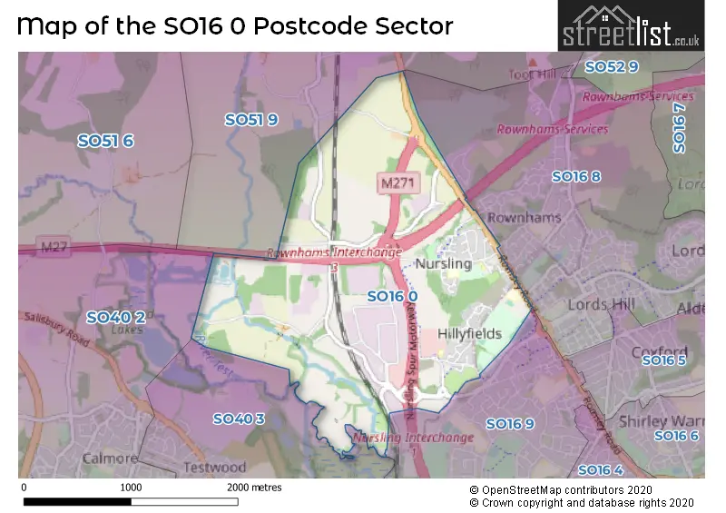 Map of the SO16 0 and surrounding postcode sector