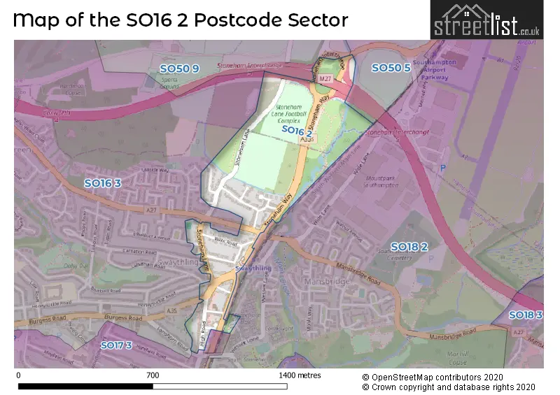 Map of the SO16 2 and surrounding postcode sector