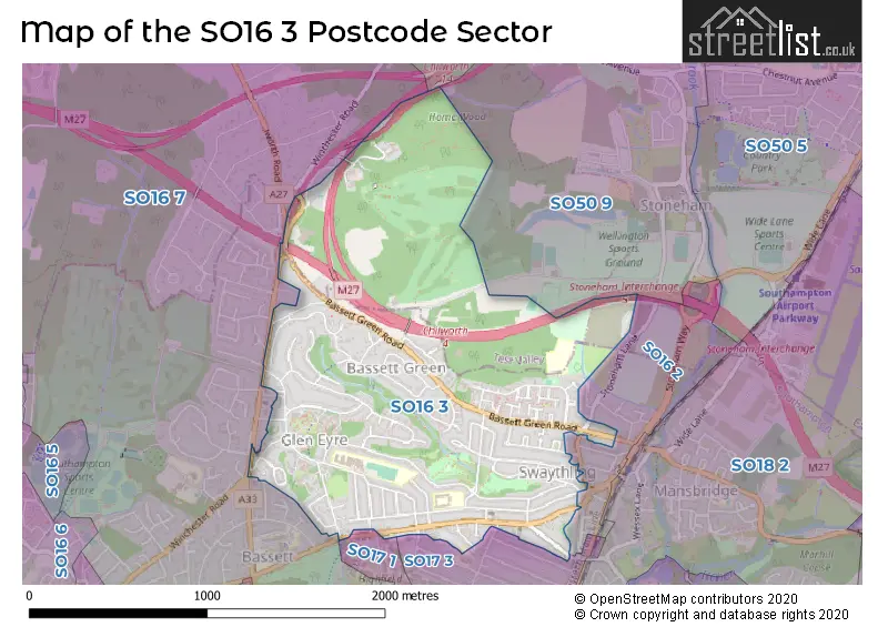 Map of the SO16 3 and surrounding postcode sector