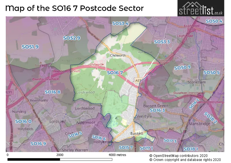 Map of the SO16 7 and surrounding postcode sector