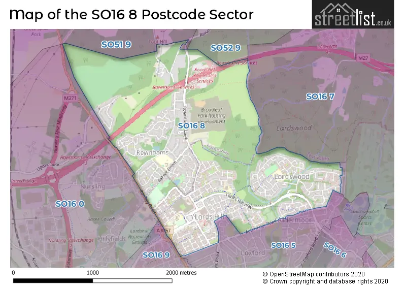 Map of the SO16 8 and surrounding postcode sector
