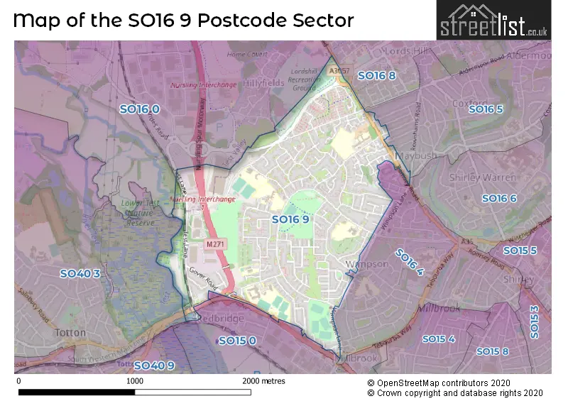 Map of the SO16 9 and surrounding postcode sector