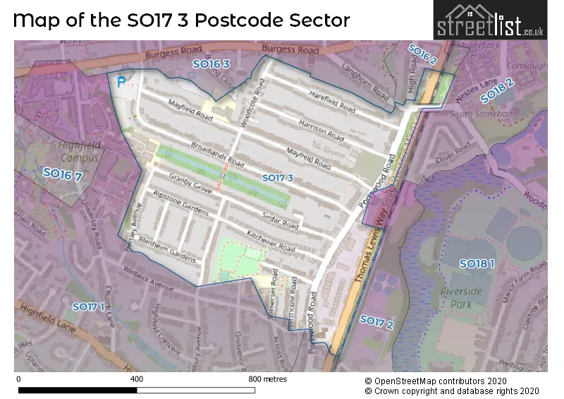 Map of the SO17 3 and surrounding postcode sector