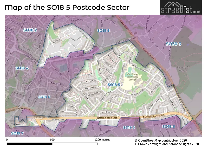 Map of the SO18 5 and surrounding postcode sector