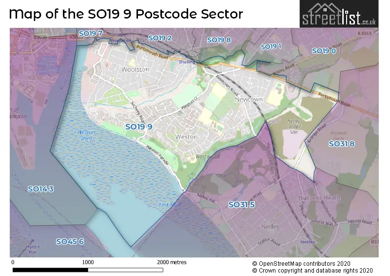 Map of the SO19 9 and surrounding postcode sector