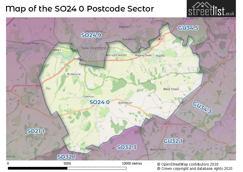 Map of the SO24 0 and surrounding postcode sector