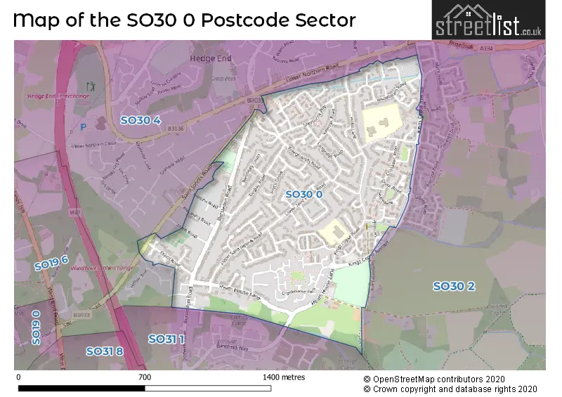 Map of the SO30 0 and surrounding postcode sector