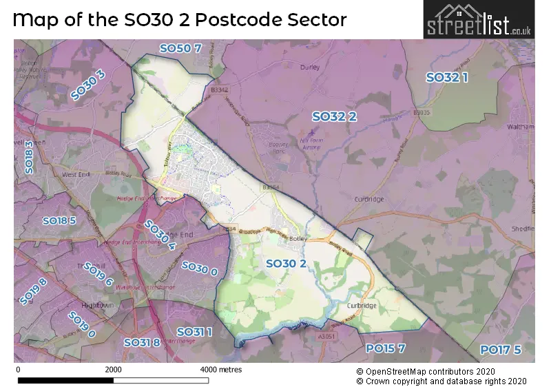 Map of the SO30 2 and surrounding postcode sector