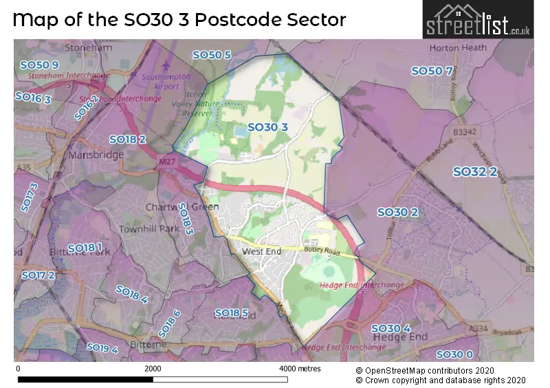 Map of the SO30 3 and surrounding postcode sector