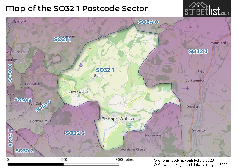 Map of the SO32 1 and surrounding postcode sector