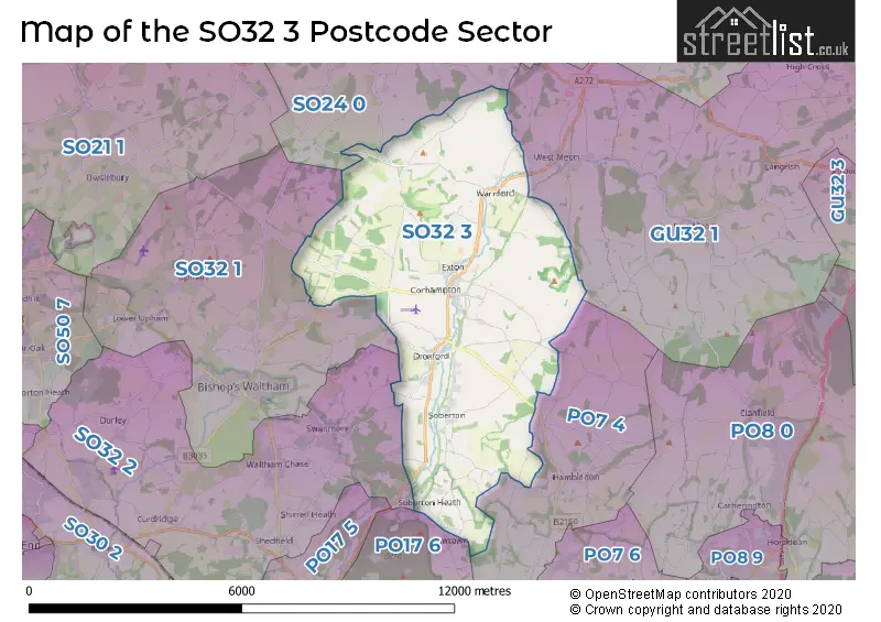 Map of the SO32 3 and surrounding postcode sector