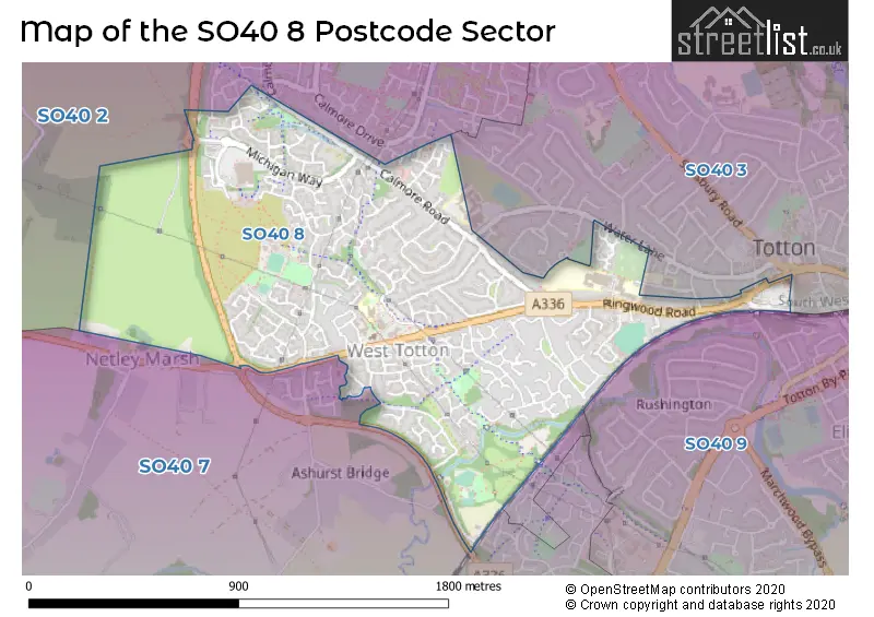 Map of the SO40 8 and surrounding postcode sector