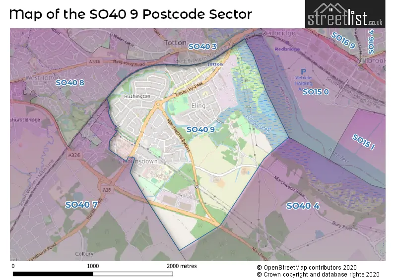 Map of the SO40 9 and surrounding postcode sector