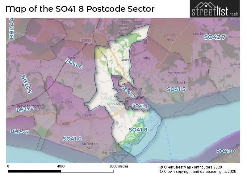 Map of the SO41 8 and surrounding postcode sector