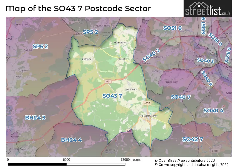 Map of the SO43 7 and surrounding postcode sector