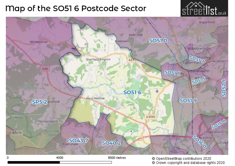 Map of the SO51 6 and surrounding postcode sector